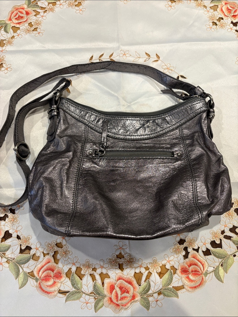 The Sak Black Leather Shoulder Bag with Front Zip Pocket